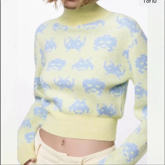 Zara Women Cropped Jacquard Space Invaders Taito Sweater M - Picture 1 of 9